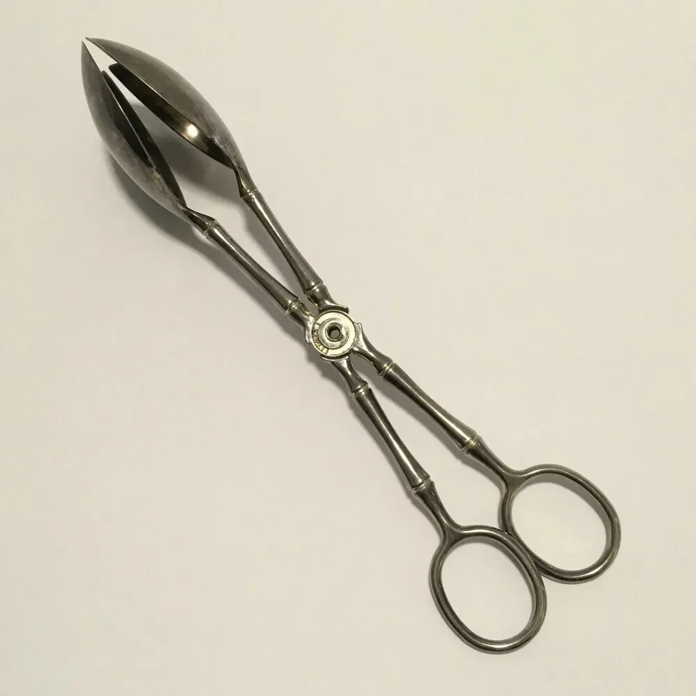 Vintage Bamboo Handle Salad Serving Tongs marked Italy Bamboo Silver Tone 9.5